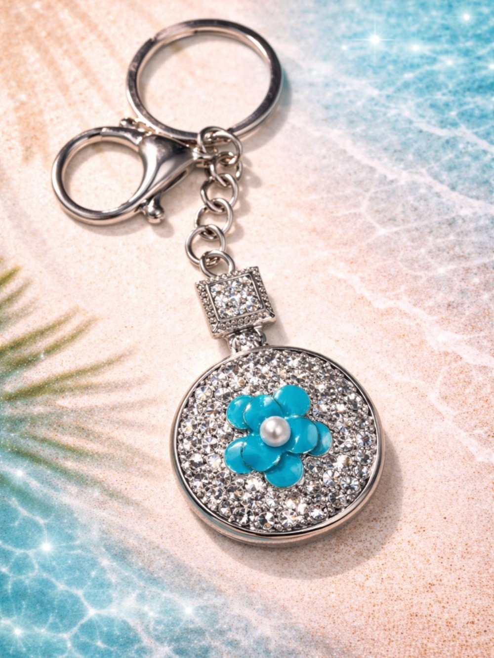 Rhinestone Flower Keychain Blue Pearl Bling Bag Charm Cute